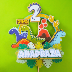 Dinosaur-themed cake topper with vibrant, detailed designs featuring dinosaurs, perfect for a fun and adventurous birthday party.