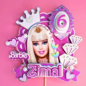 Pink barbie -themed cake topper with glitter accents, personalized with the name and age for kids birthday party