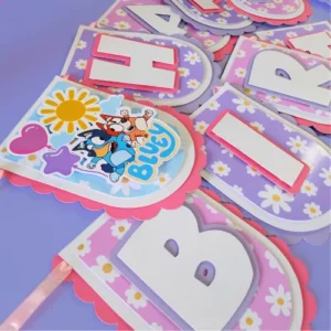Bluey-themed layered birthday banner with 3D design, featuring Bluey characters, customizable with child's name.