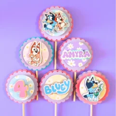 Bluey-themed layered cupcake toppers made from high-quality cardstock with vibrant designs, perfect for kids' birthday parties and themed celebrations.