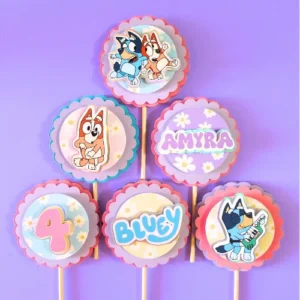 Bluey-themed layered cupcake toppers made from high-quality cardstock with vibrant designs, perfect for kids' birthday parties and themed celebrations.