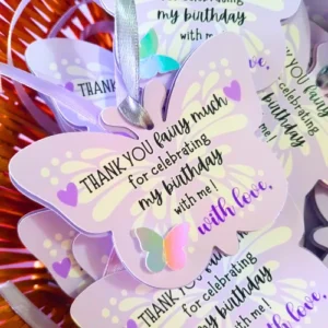 "Butterfly-shaped layered thank you tags with intricate design, made from premium cardstock, perfect for party favors, gifts, and special occasions.