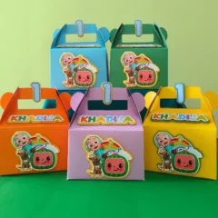 Cocomelon-themed gable favor box, customizable for birthday parties, featuring colorful designs and characters for a fun, themed celebration
