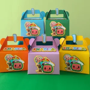 Cocomelon-themed gable favor box, customizable for birthday parties, featuring colorful designs and characters for a fun, themed celebration