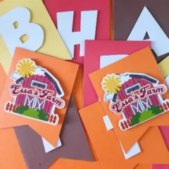 Farm-themed happy birthday banner featuring barn with your childs name with vibrant colors and farmhouse-inspired details; perfect for kids' birthday parties or rustic celebrations. Customizable with your child's name for a personalized touch.