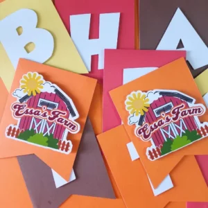 Farm-themed happy birthday banner featuring barn with your childs name with vibrant colors and farmhouse-inspired details; perfect for kids' birthday parties or rustic celebrations. Customizable with your child's name for a personalized touch.