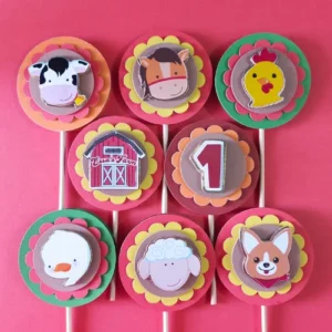 Farm theme layered cupcake toppers. Each topper measures approximately 3 inches in diameter, ideal for standard cupcakes.