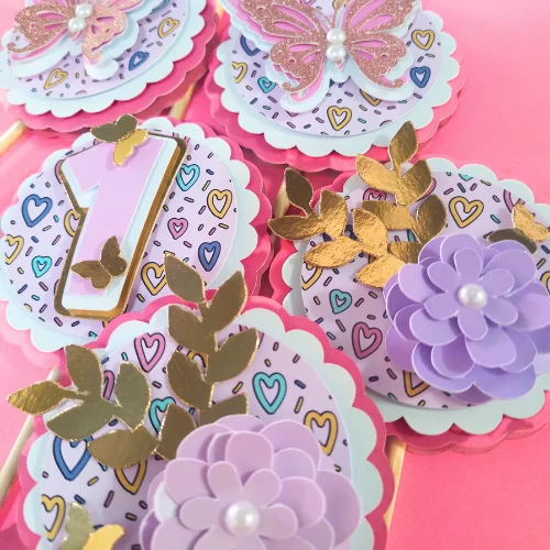 Floral Hearts – Pink Cupcake Toppers 04