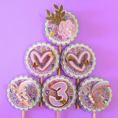 Floral Hearts – Purple Cupcake Toppers 01