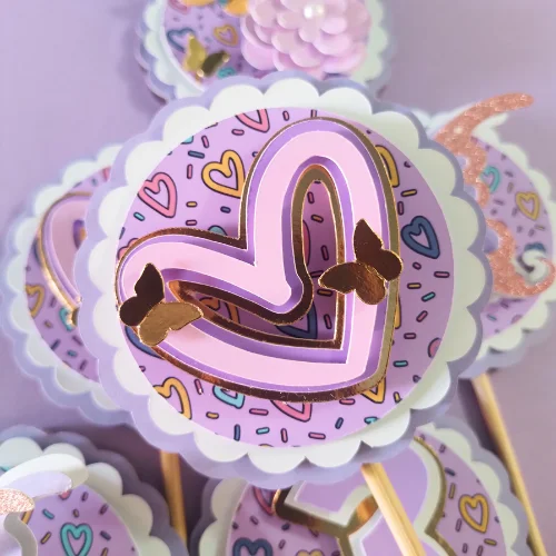 Floral Hearts – Purple Cupcake Toppers 02
