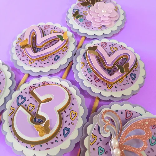 Floral Hearts – Purple Cupcake Toppers 03