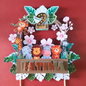 Jungle themed handmade Caketopper with a floral touch personalized with your child's name and age for cake decor.