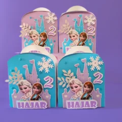 Frozen Theme Round Suitcase Favor Box with 3D effect, featuring durable cardstock material, glossy finish, and customizable design. Ideal for party favors, small treats, or gifts.
