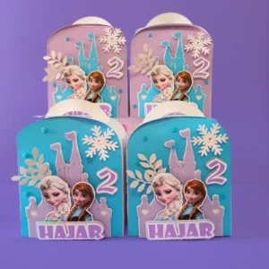 Frozen Theme Round Suitcase Favor Box with 3D effect, featuring durable cardstock material, glossy finish, and customizable design. Ideal for party favors, small treats, or gifts.