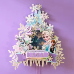 Elsa, Anna, and Olaf surrounded by delicate snowflakes and a sparkling ice castle.Ideal for Frozen, winter wonderland, or princess-themed birthdays.his personalized topper brings the magic of Arendelle to your party, beautifully displaying your child’s name and age.