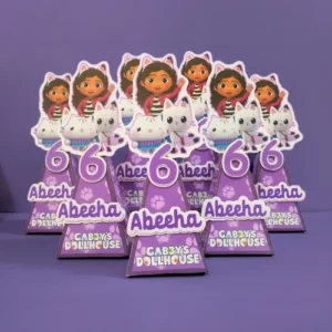 Gabby’s Dollhouse-themed party cone favor box featuring vibrant colors, character illustrations, and customizable text for kids’ birthdays or themed celebrations.