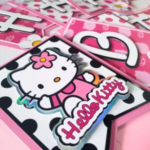 Hello Kitty-themed birthday banner with pastel colors, cute Hello Kitty designs, and customizable name options, perfect for girls' birthday parties or Hello Kitty fans. Includes 2.5-meter ribbon for easy hanging.