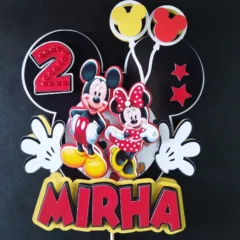 Mickey and Minnie theme red and black colored caketopper personalized with name and age of your kids perfect for a disney inspired birthday party.